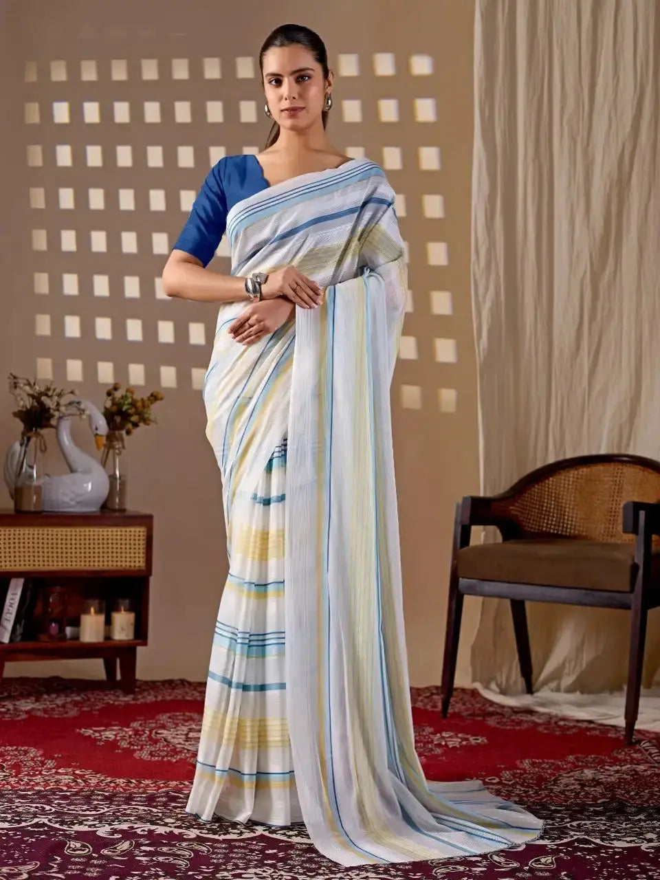 White Stripe Digital Print Saree – front full standing drape view on model