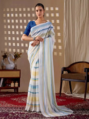 White Stripe Digital Print Saree – front full standing drape view on model