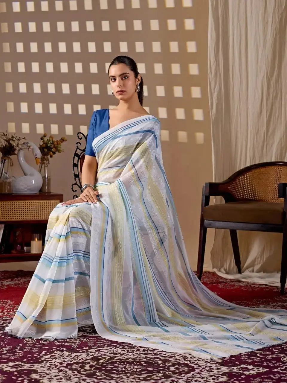 White Stripe Digital Print Saree – seated full drape view showing complete stripe pattern
