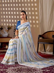 White Stripe Digital Print Saree – seated full drape view showing complete stripe pattern