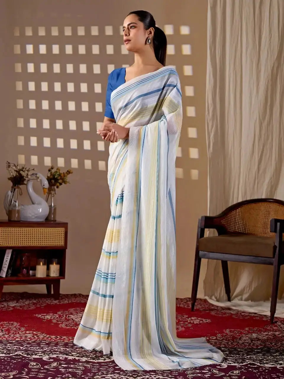 White Stripe Premium Monsoon Saree – side standing view showing blue and yellow stripes