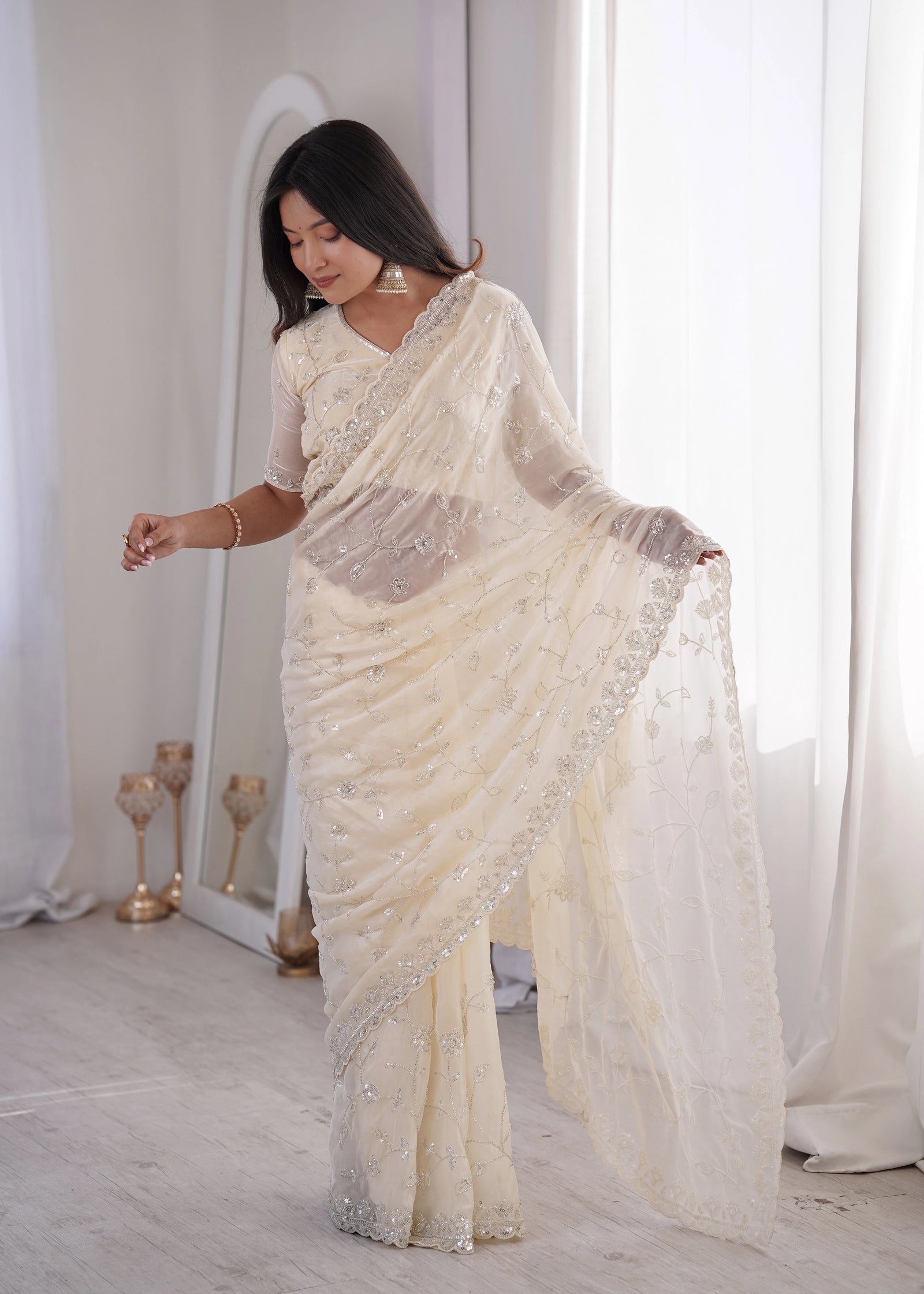 Elegant White Fendy Silk Saree Featuring Beaded Design, C Pallu & Thread Work