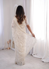 Premium White Fendy Silk Saree with Beads Work, Thread Embroidery & C Pallu