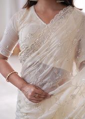 White Designer Fendy Silk Saree with Beads Detailing and C Style Pallu