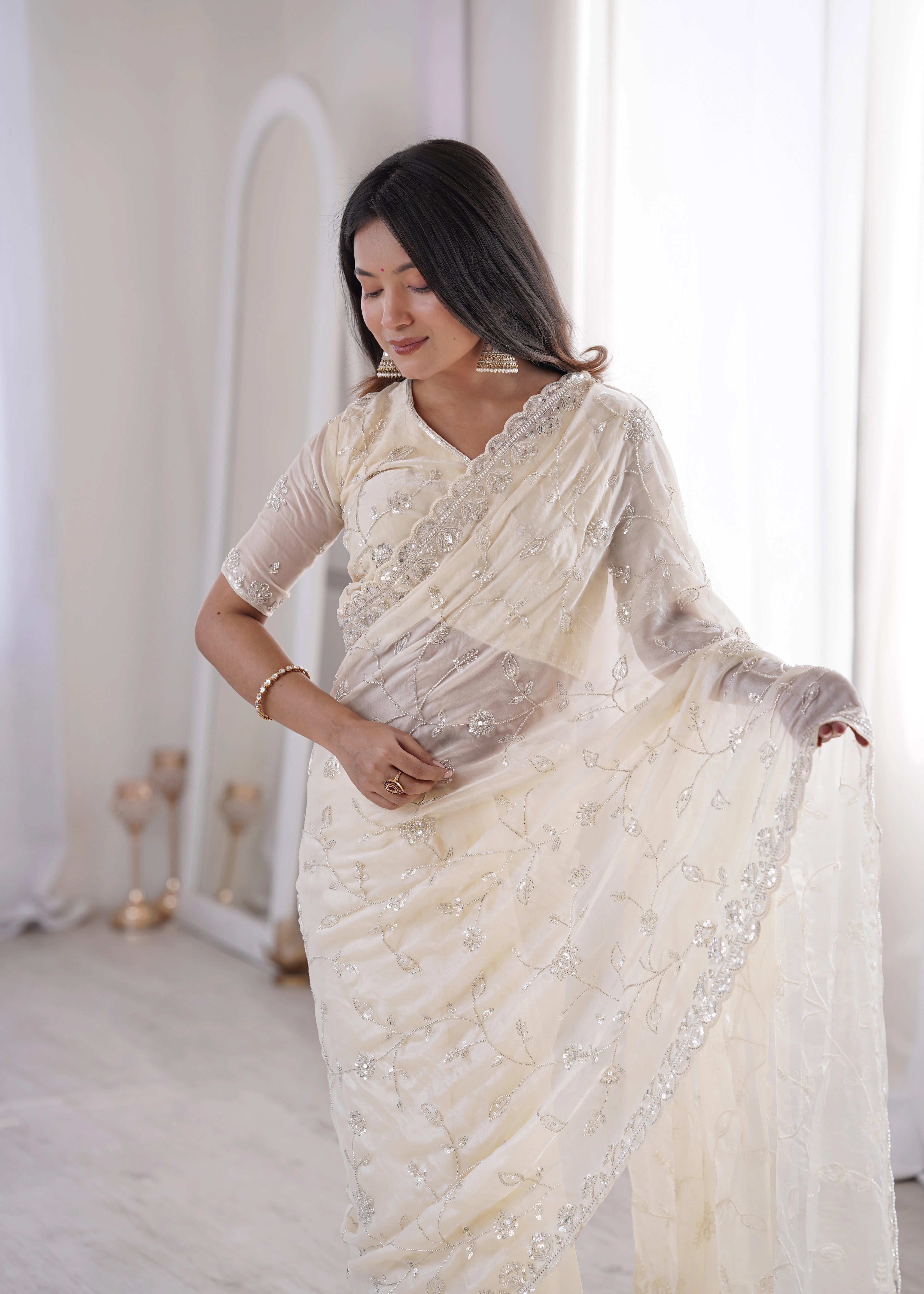 White Fendy Silk Saree with Beads Work, C Pallu & Thread Embroidery
