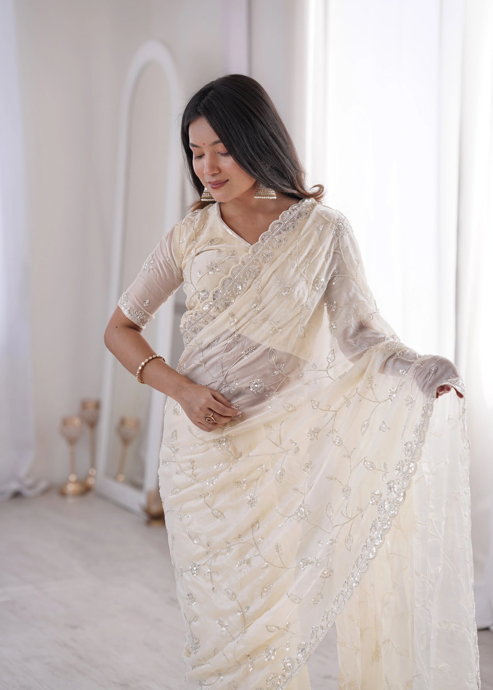 White Fendy Silk Saree with Beads Work, C Pallu & Thread Embroidery