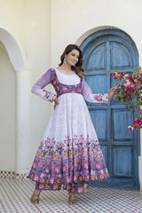 Charming floral Anarkali outfit with a fitted printed yoke, flared silhouette, matching trousers, and an elegant sheer dupatta.