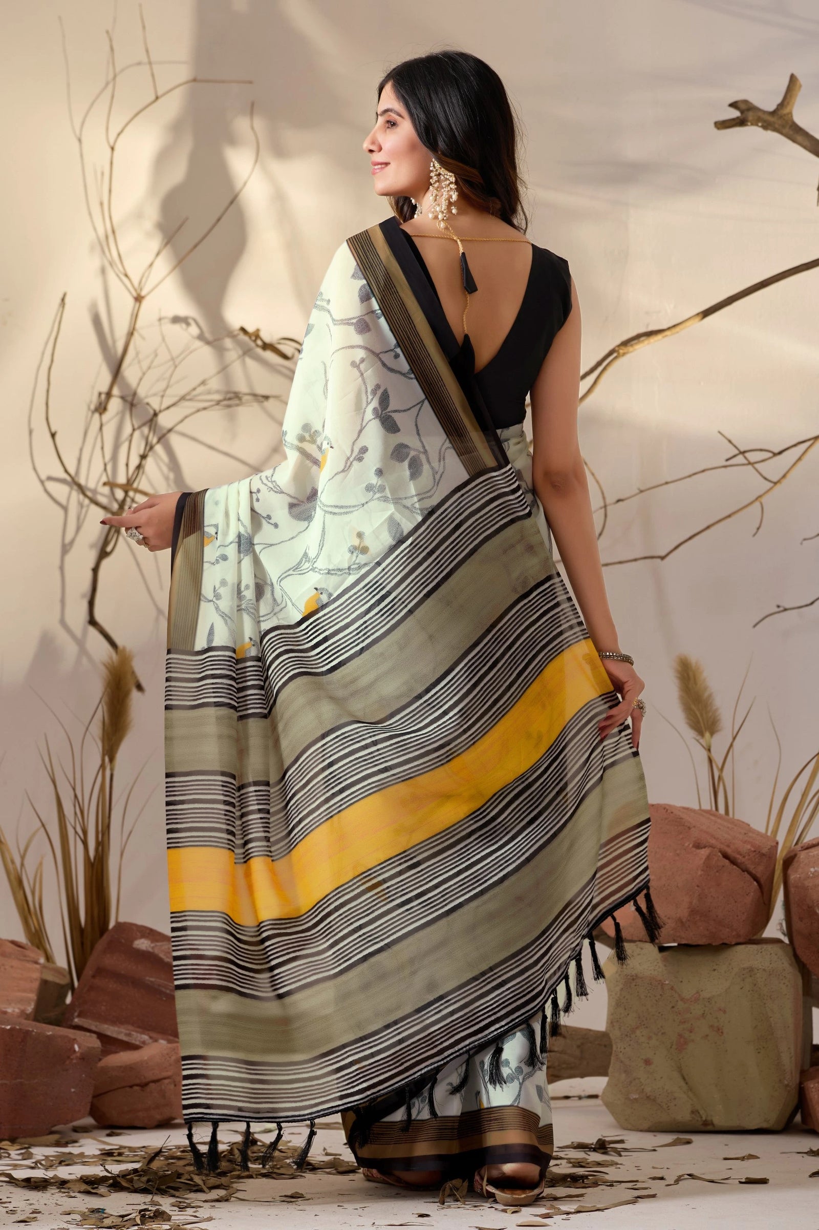 White Digital Print Border Soft Georgette Saree