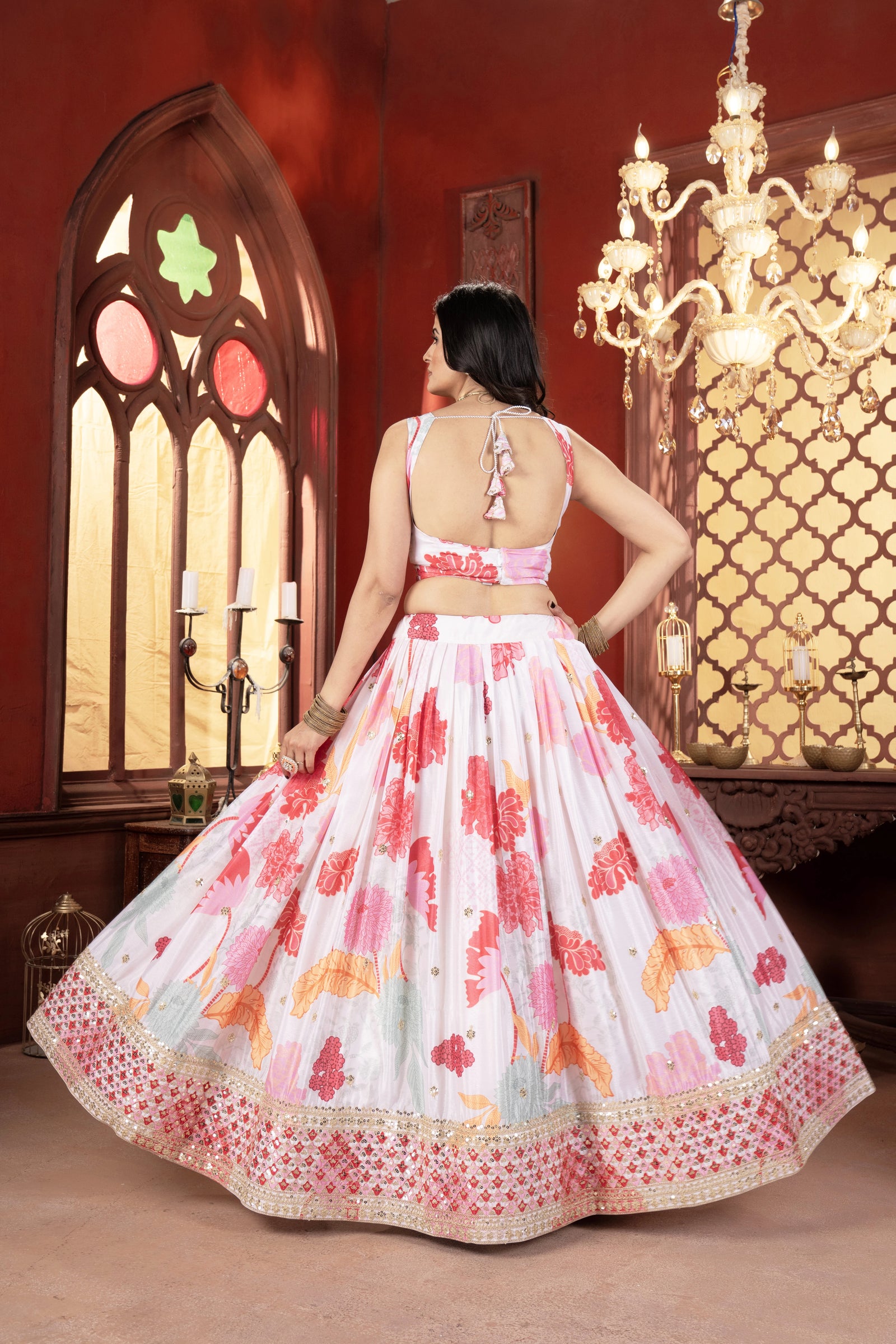 White Digital Print with Sequins Coding Embroidered Chinon Silk Lehenga Back Side