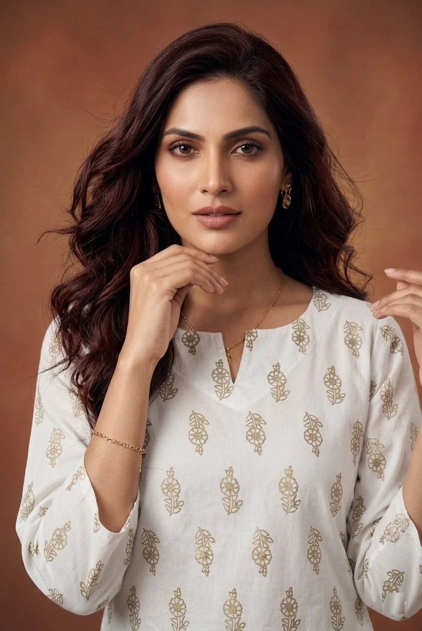 Woman wearing a white blouse with gold patterns against a brown background