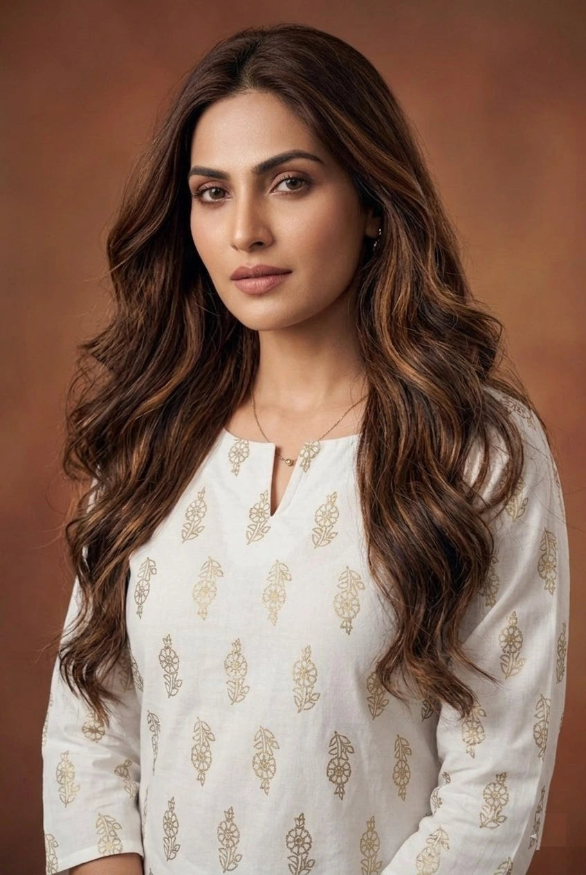 Woman with long, wavy hair wearing a white patterned top against a brown background