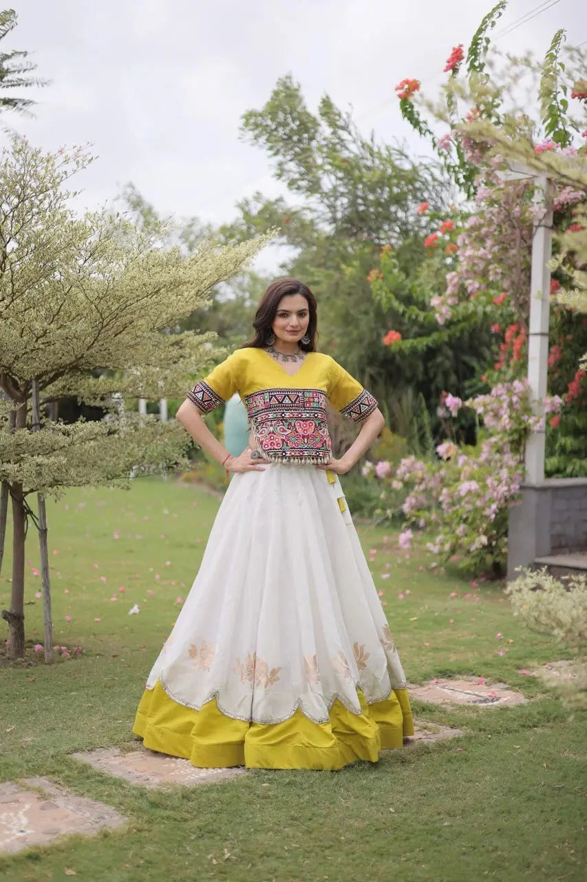 Women's Festive Ivory White Lehenga Set with Mustard Yellow Contrast Hem, Embroidered Choli, and Graceful Ethnic Style