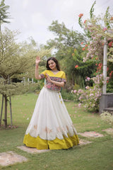 Stylish White and Yellow Lehenga featuring Kutchi Inspired Embroidery, Flared Silhouette, and Designer Finish
