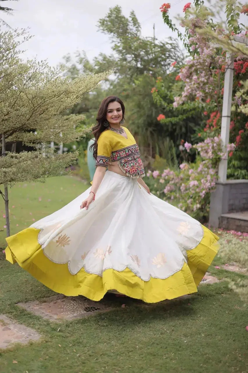 Women's Premium White Lehenga with Tribal Inspired Embroidery, Lotus Print Border, and Wedding Ready Style