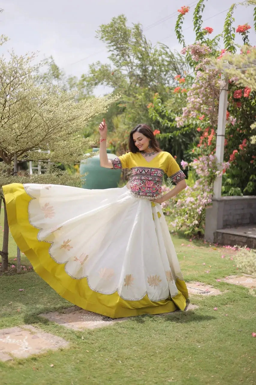 Traditional White and Mustard Yellow Designer Lehenga Set with Embroidered Blouse, Broad Contrast Border, and Elegant Celebration Wear
