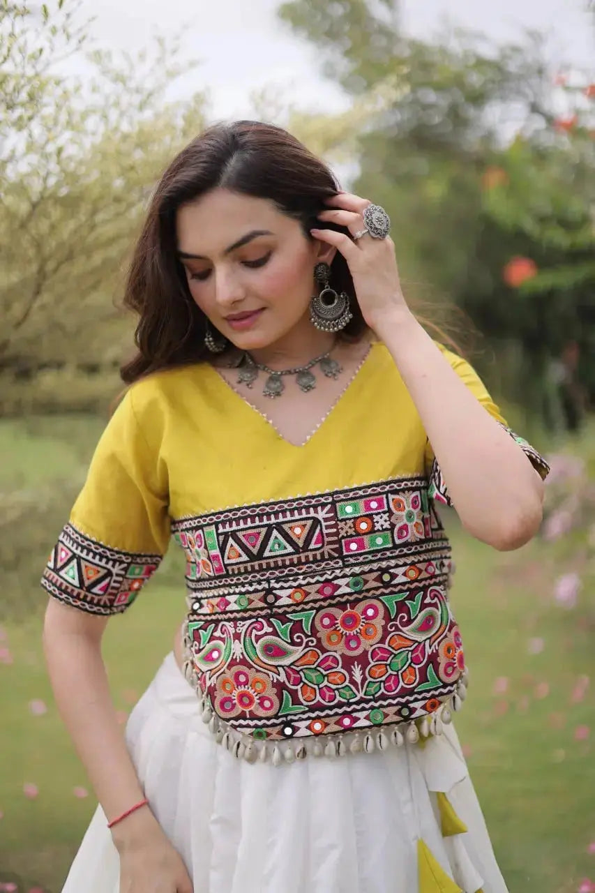 Premium Ivory White and Mustard Yellow Lehenga Choli with Designer Embroidered Top, Lotus Border Motifs, and Elegant Ethnic Appeal