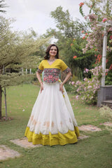 Women's Ivory White and Mustard Yellow Lehenga Choli with Colorful Kutchi Embroidery and Traditional Ethnic Design