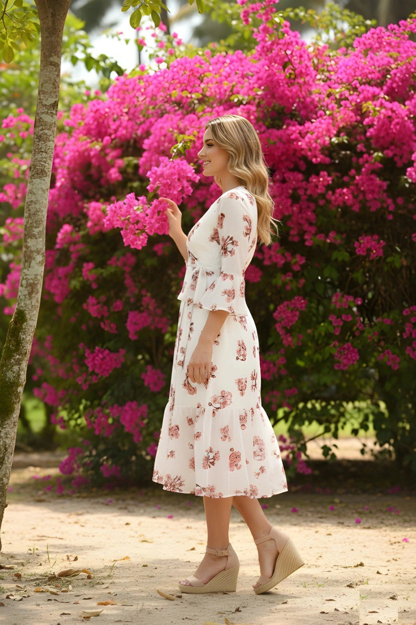 Woman in a floral dress standing in front of pink flowers