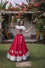 Women's Festive Hot Pink Lehenga Set with White Contrast Hem, Embroidered Choli, and Graceful Ethnic Style