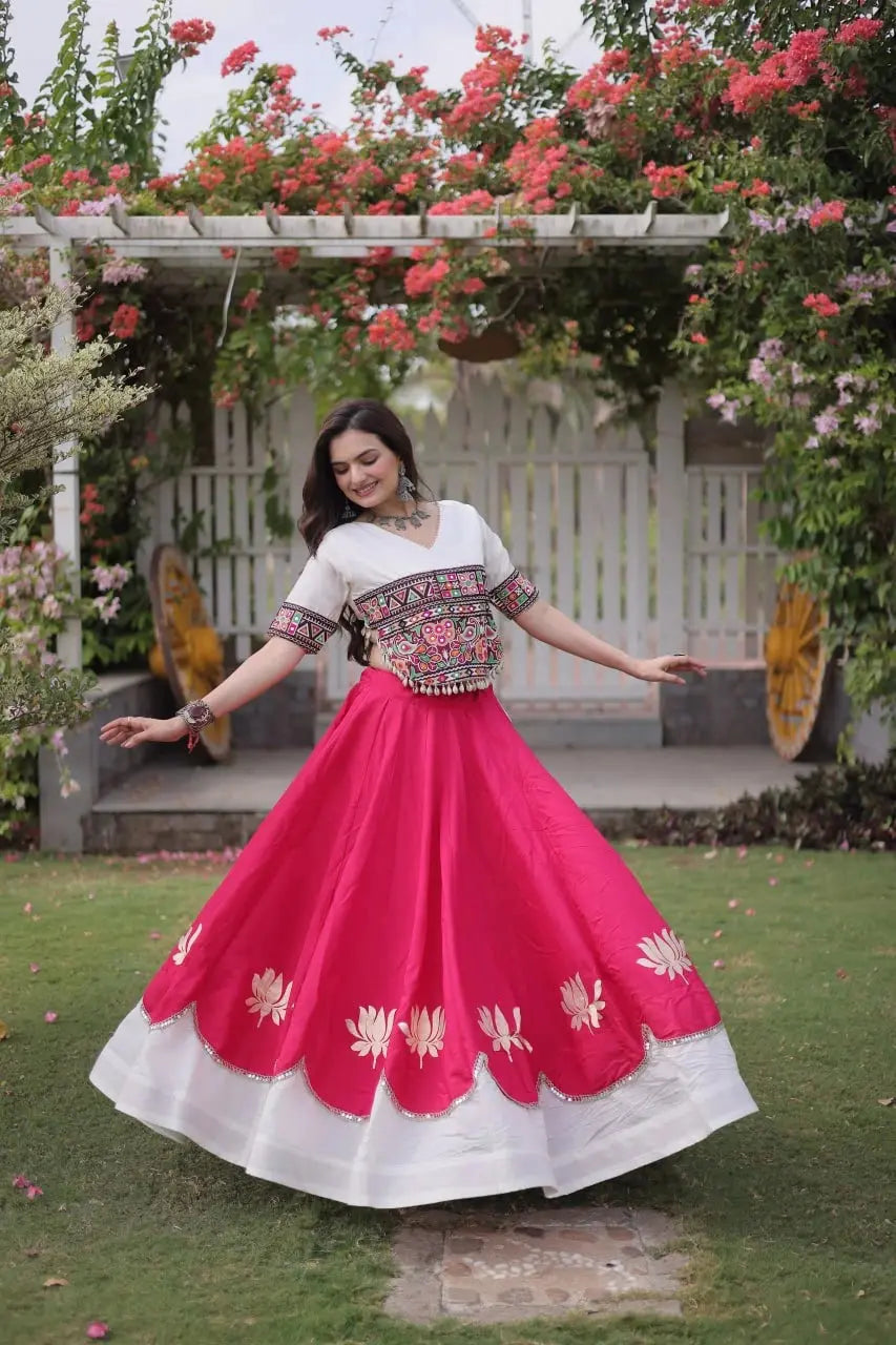 Elegant Hot Pink Party Wear Lehenga featuring Designer Embroidered Blouse, White Contrast Border, and Ethnic Charm