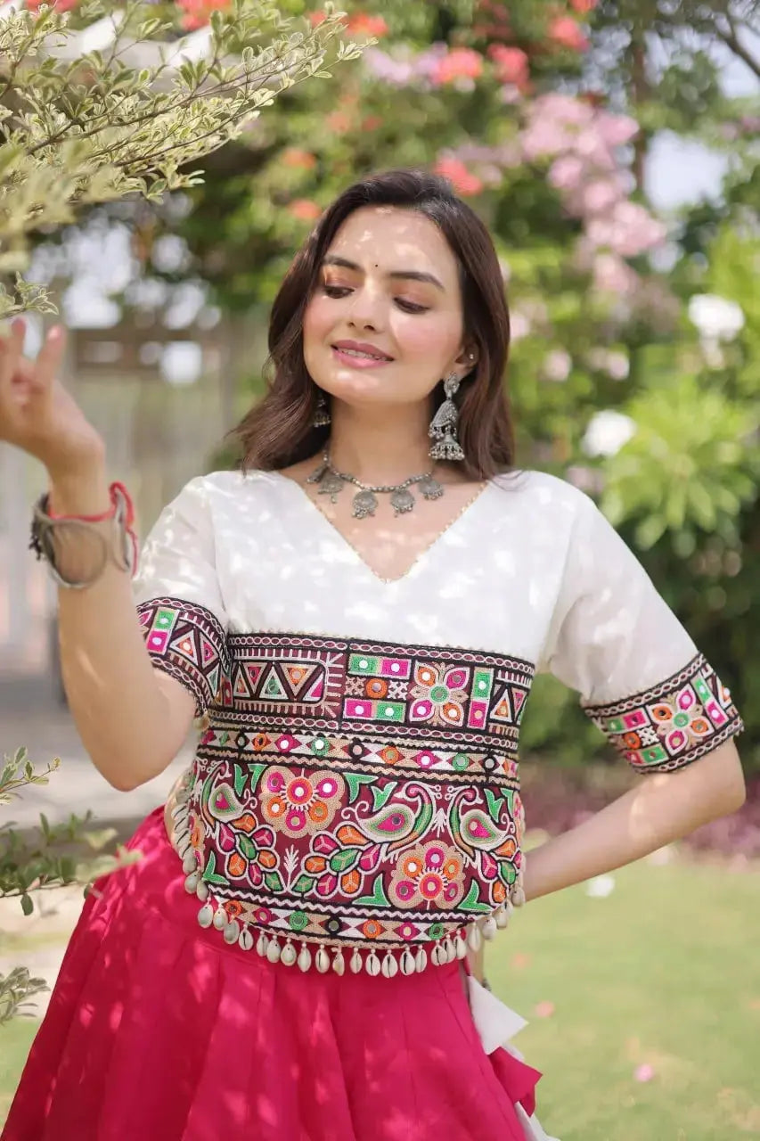 Women's White and Hot Pink Lehenga Choli with Colorful Kutchi Embroidery and Traditional Ethnic Design