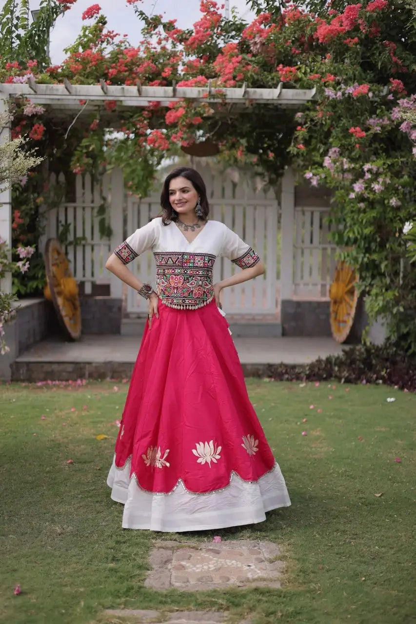 Premium White and Hot Pink Lehenga Choli with Designer Embroidered Top, Lotus Border Motifs, and Elegant Ethnic Appeal