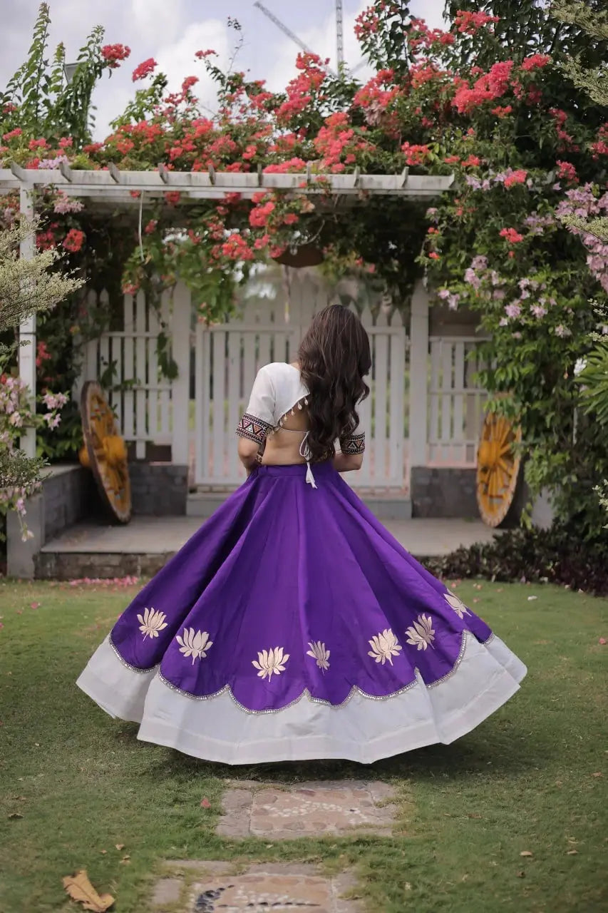 Traditional White and Royal Purple Designer Lehenga Set with Embroidered Blouse, Broad Contrast Border, and Elegant Celebration Wear
