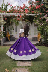 Traditional White and Royal Purple Designer Lehenga Set with Embroidered Blouse, Broad Contrast Border, and Elegant Celebration Wear