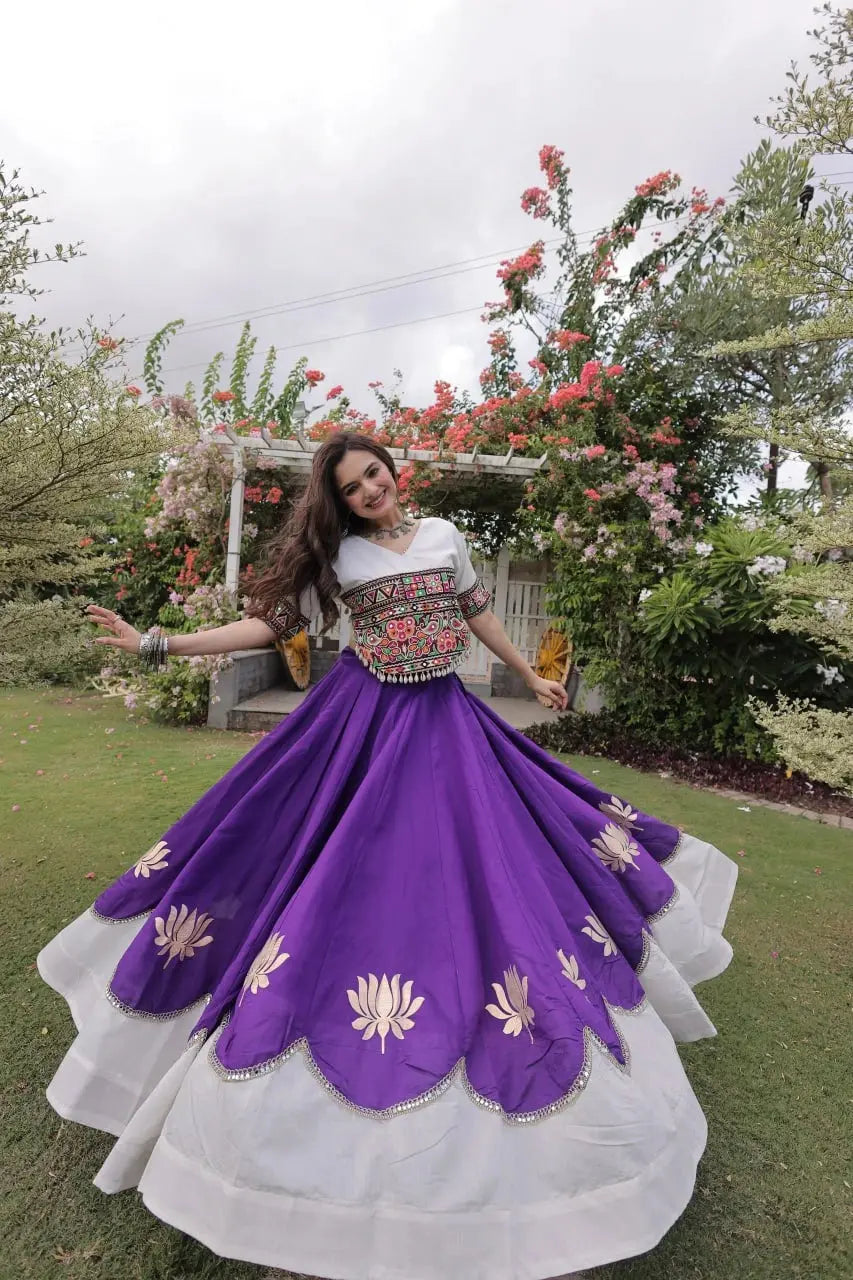 Stunning White and Royal Purple Lehenga Choli with Vibrant Kutchi Embroidery, Flowing Flared Skirt, and Festive Traditional Appeal