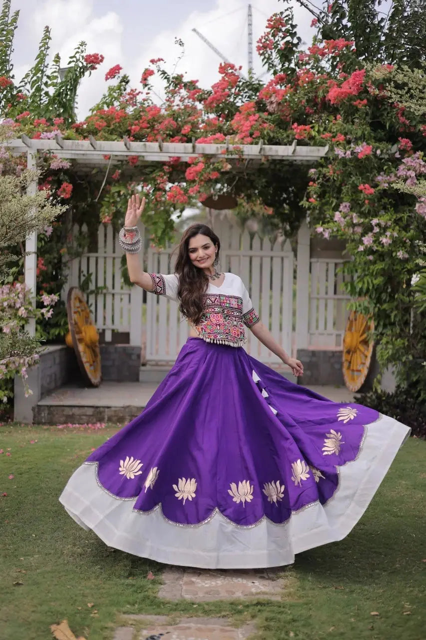 Elegant Royal Purple Flared Lehenga Set with Artisan Embroidered Bodice, Contrast White Hem, and Traditional Look
