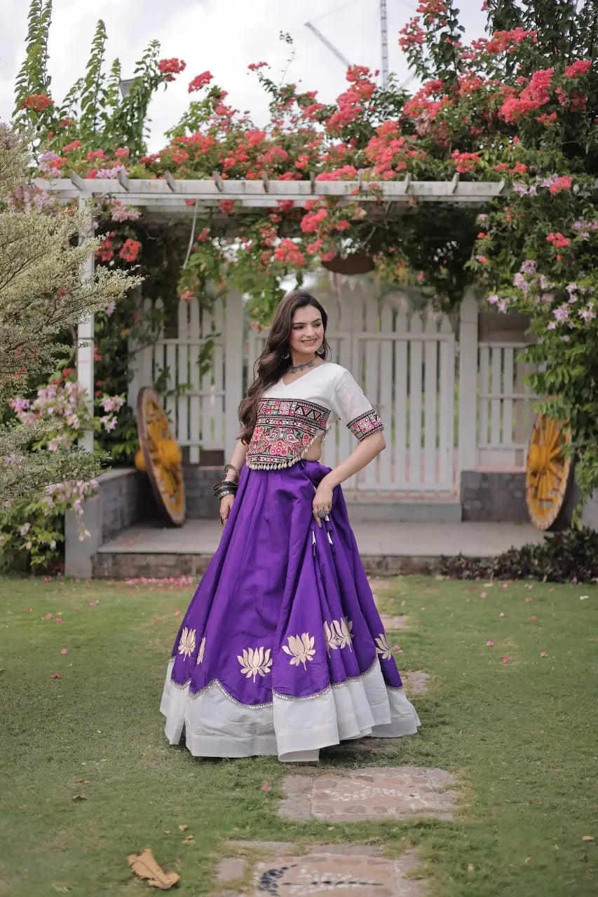 Gorgeous Royal Purple Ethnic Lehenga with Decorative Lotus Motifs, Vibrant Embroidered Blouse, and Timeless Indian Fashion