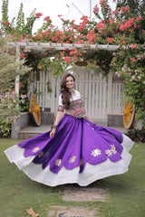 Women's Festive Royal Purple Lehenga Set with White Contrast Hem, Embroidered Choli, and Graceful Ethnic Style