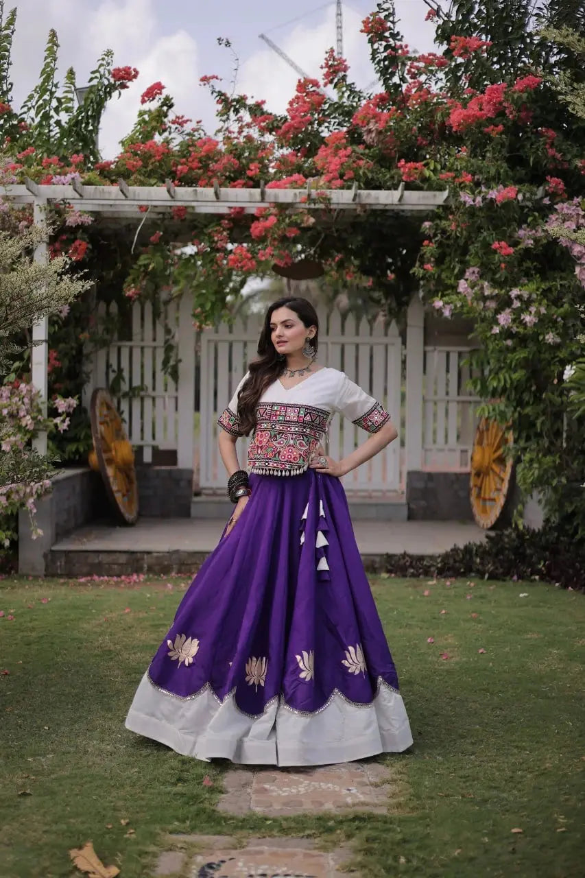 Elegant Women's Royal Purple and White Lehenga Choli with Colorful Mirror Inspired Embroidery and Flowing Party Wear Flair