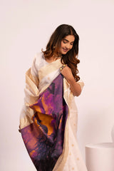 Woman wearing a colorful scarf with abstract patterns on a white background