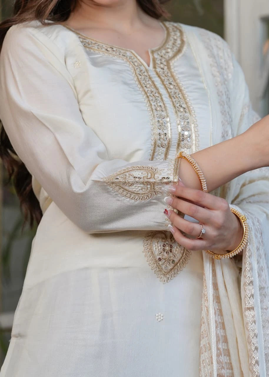 Traditional white embroidered Chanderi silk kurti with ornate zari detailing for festive wear.