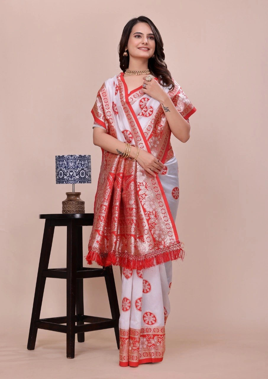 Woman wearing a red and white traditional outfit with a beige background