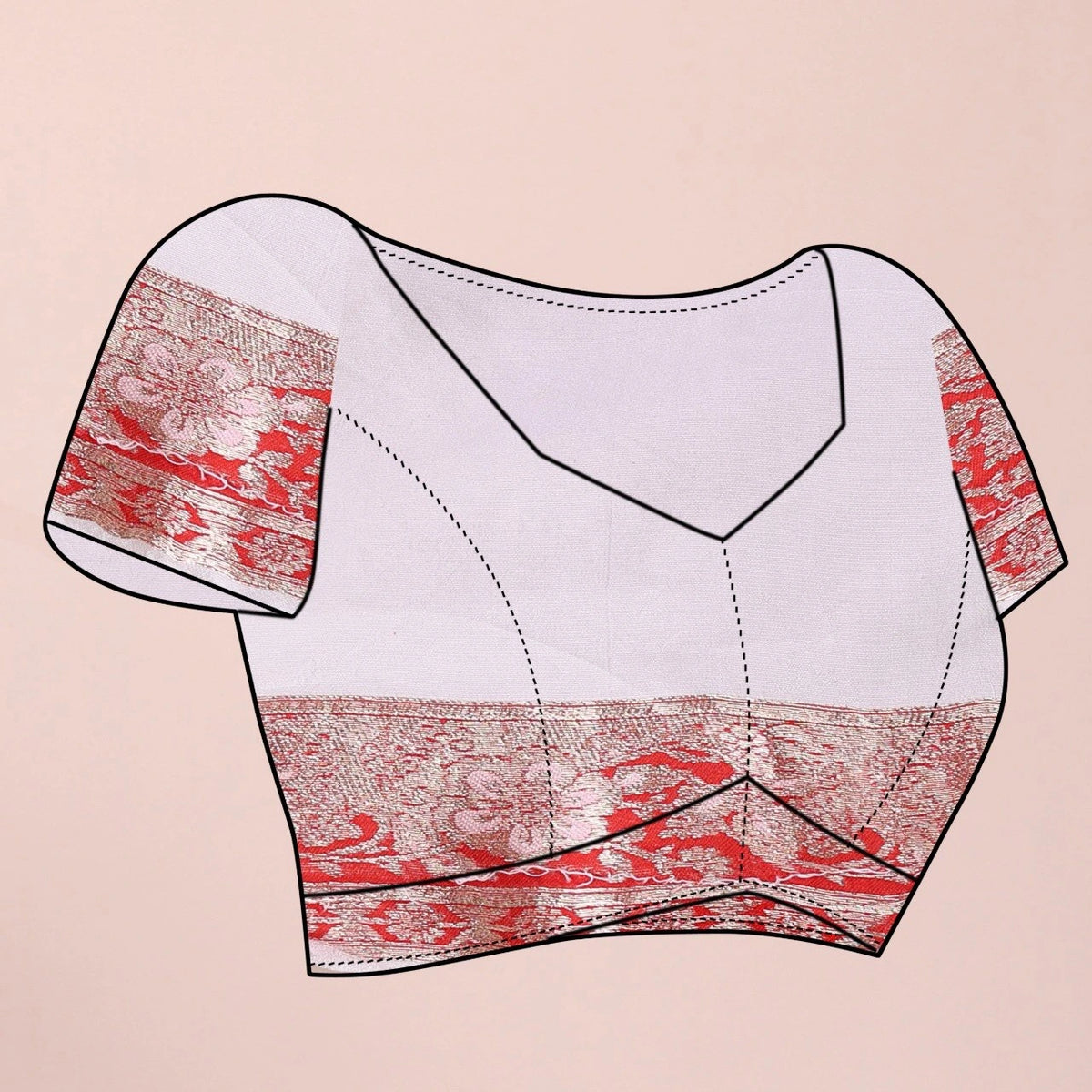 Design of a blouse with red and gold patterns on a beige background