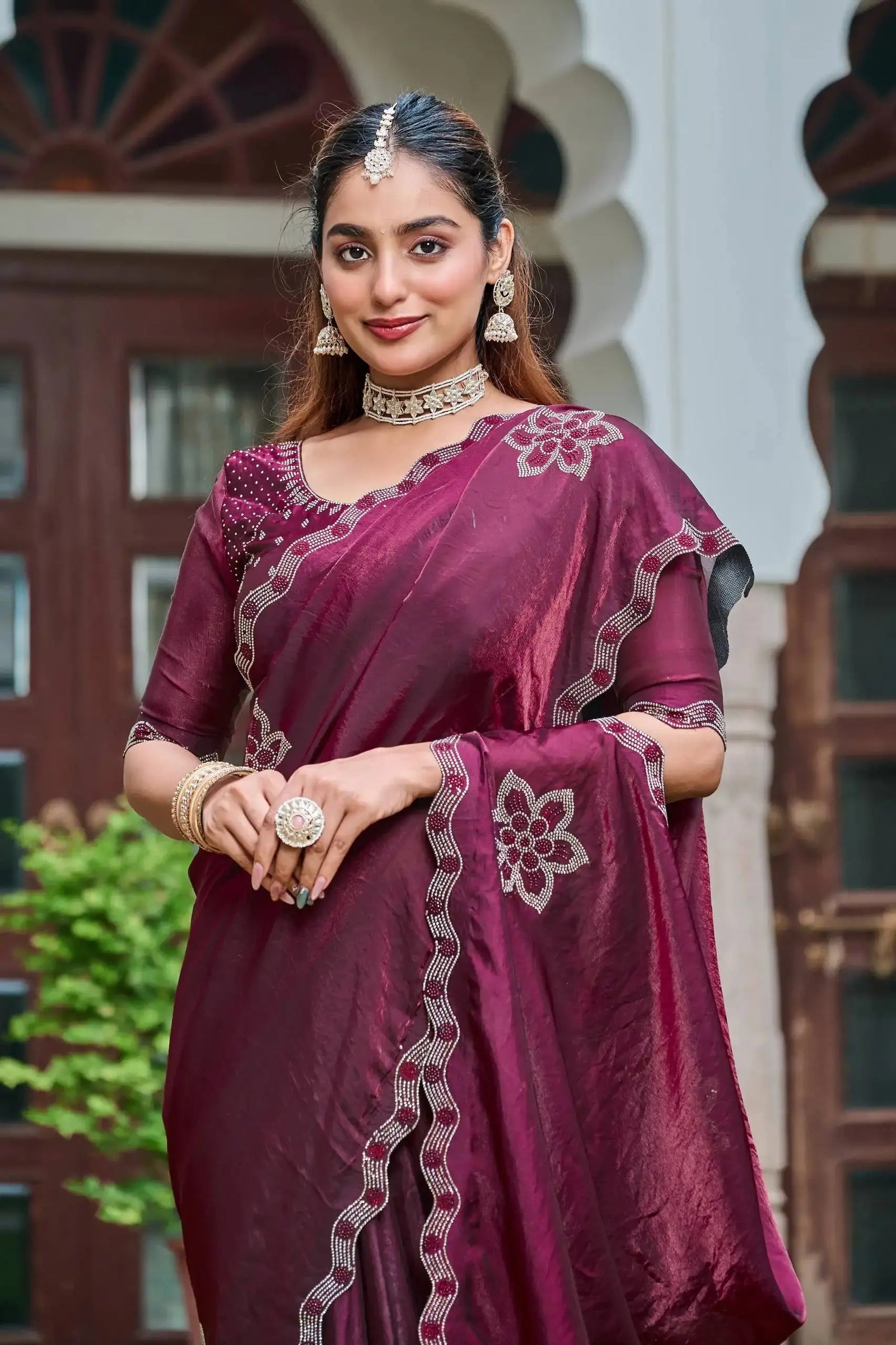 Wine Diamond Work Saree portrait view with jewellery styling