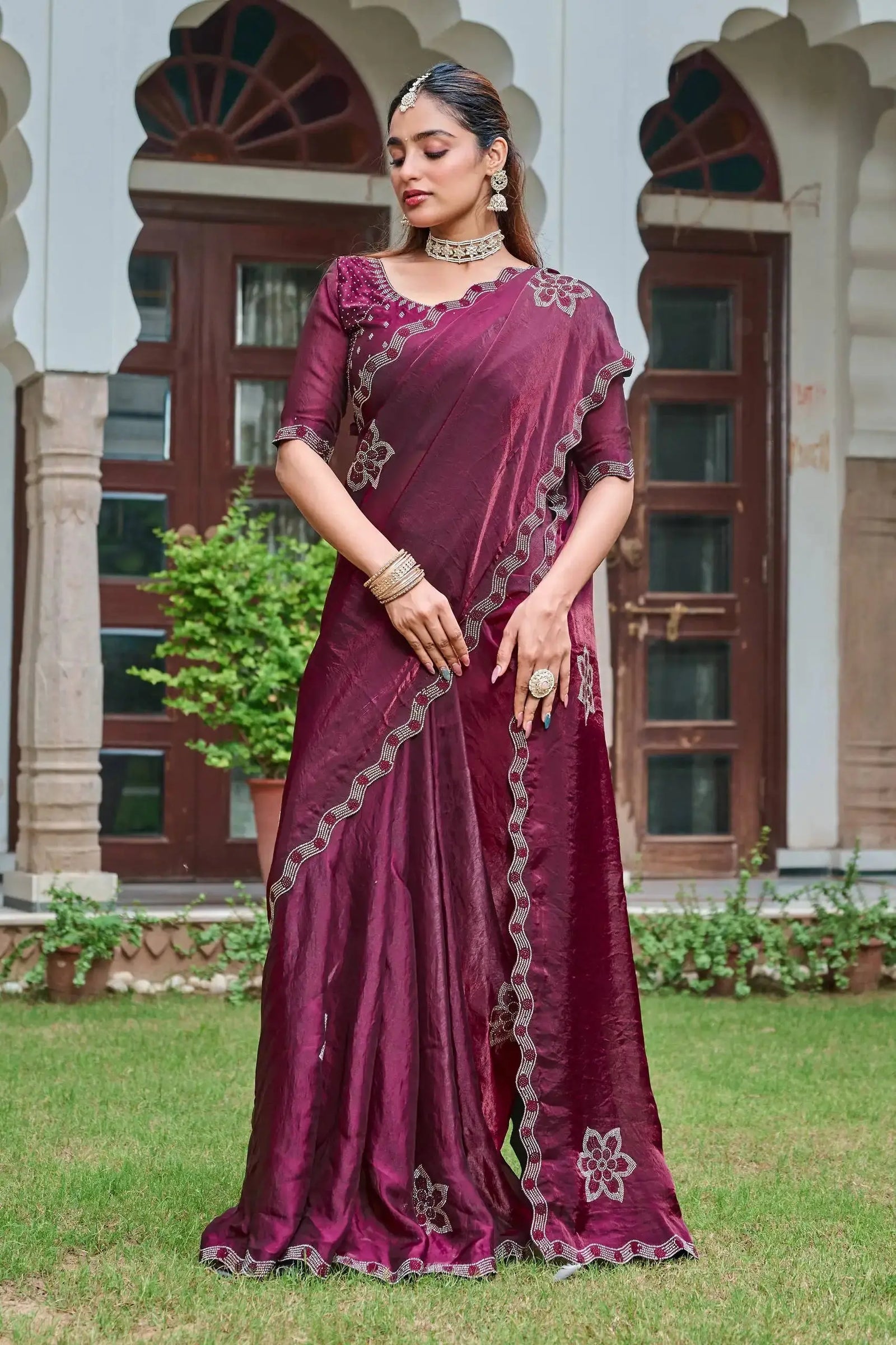 Wine Diamond Work Saree full body view with pallu detail