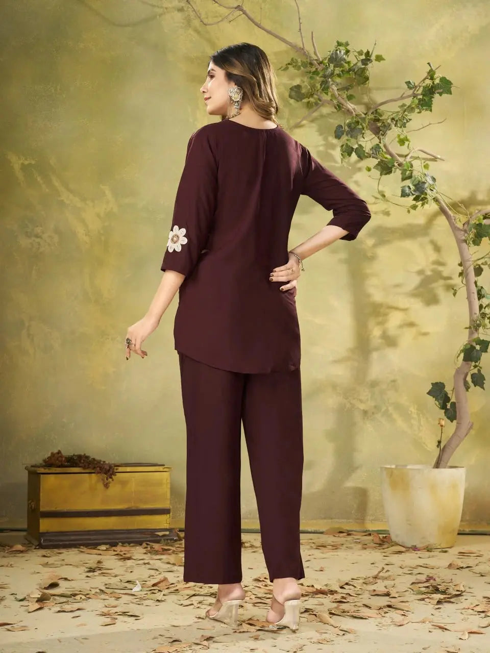 Wine Multi Thread Embroidered Coord Set back view