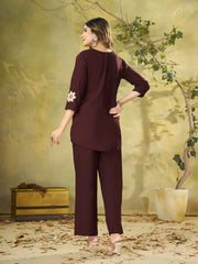 Wine Multi Thread Embroidered Coord Set back view