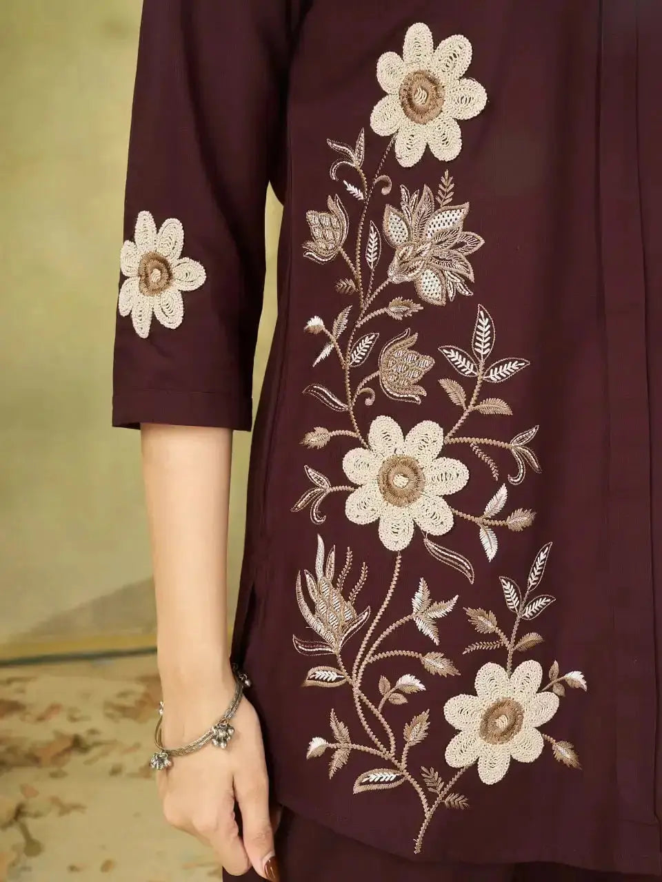 Wine Coord Set multi thread floral embroidery detail