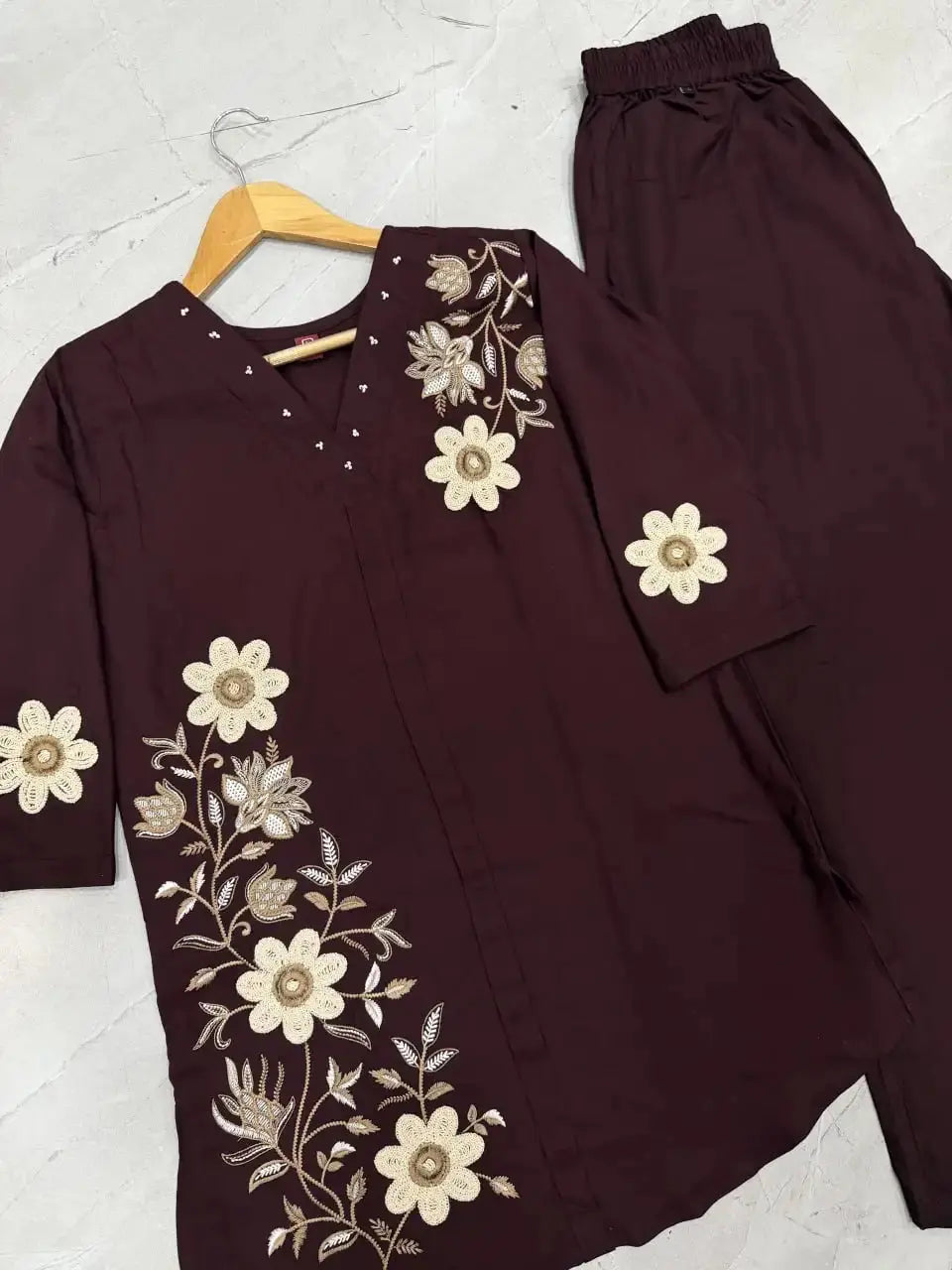 Wine Coord Set flat lay embroidery closeup