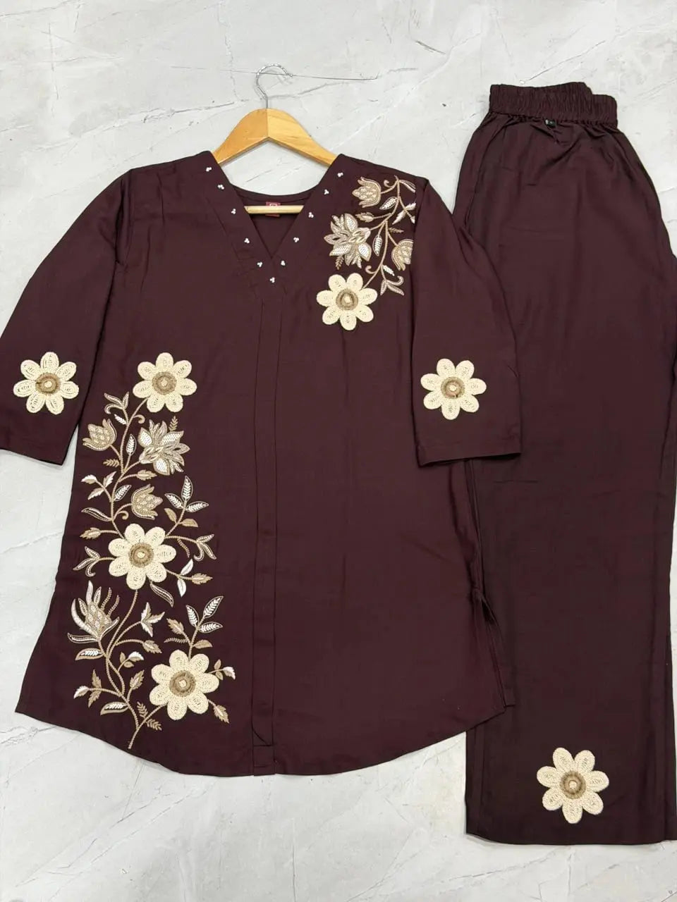Wine Multi Thread Embroidered Coord Set flat lay top and pants