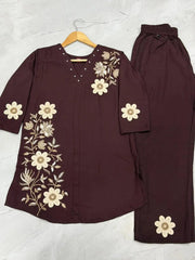 Wine Multi Thread Embroidered Coord Set flat lay top and pants