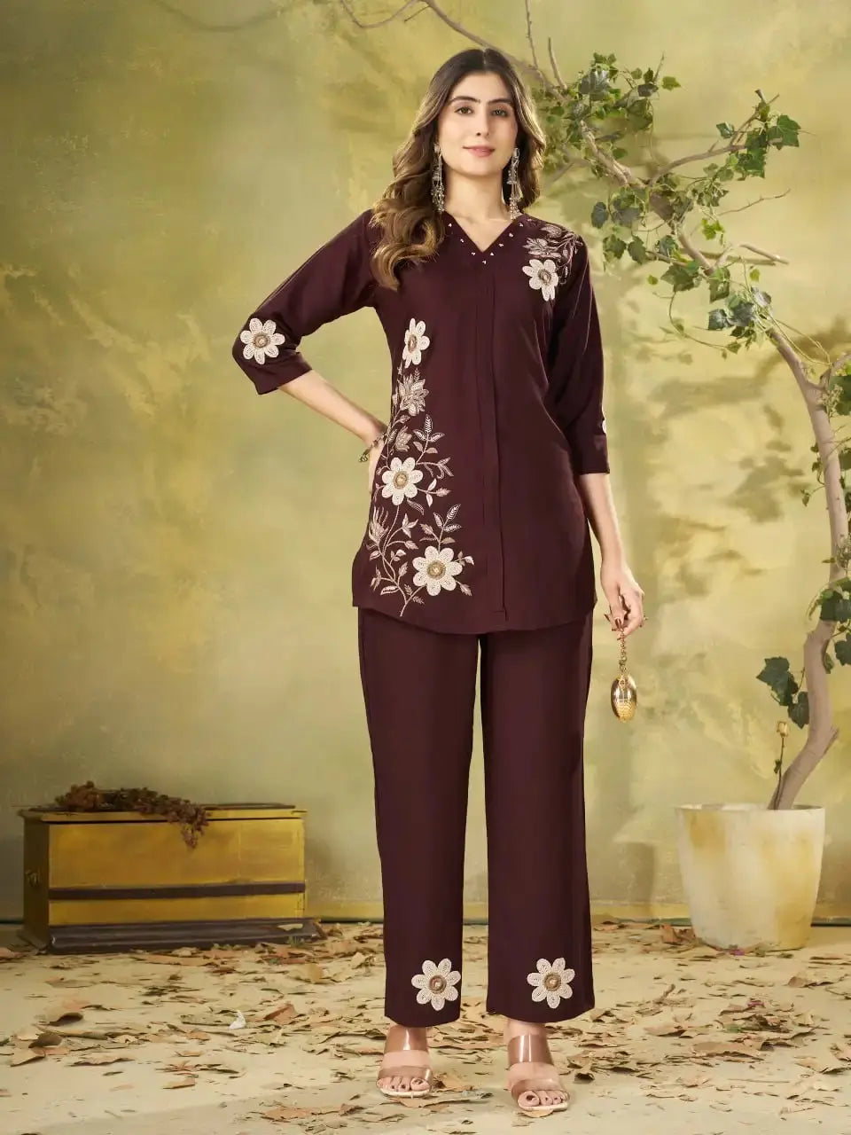 Wine Multi Thread Embroidered Coord Set - front view full length