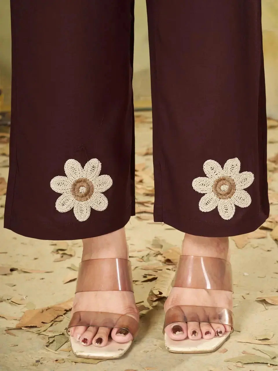 Wine Coord Set straight pants floral embroidery detail