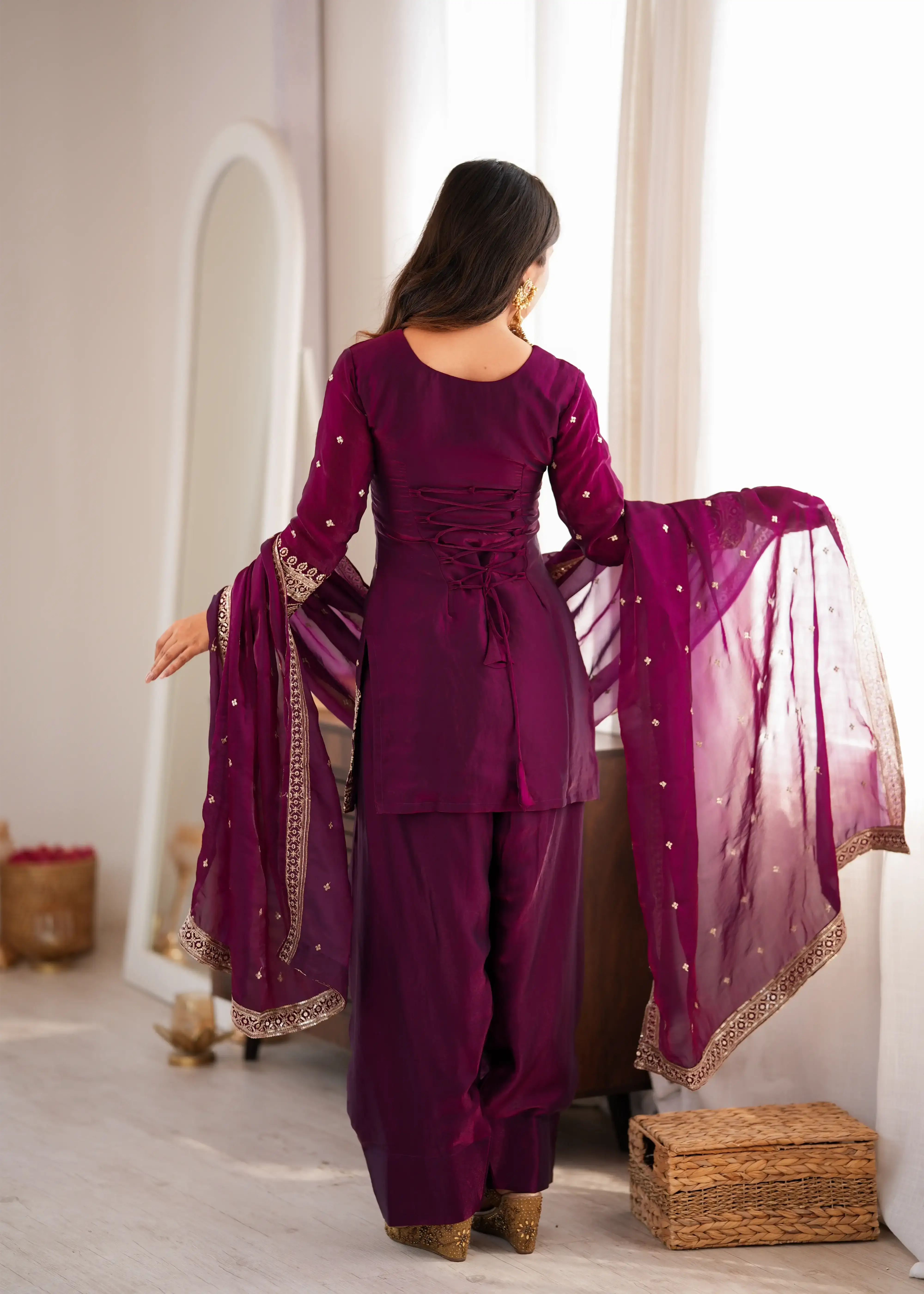 Wine Sequins Embroidered Suit – Back View with Open Dori Tie-Up