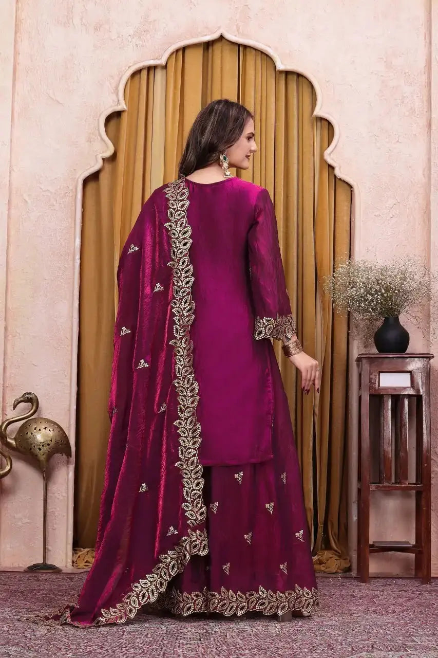 Wine Sequins Embroidered Suit back view with dupatta drape