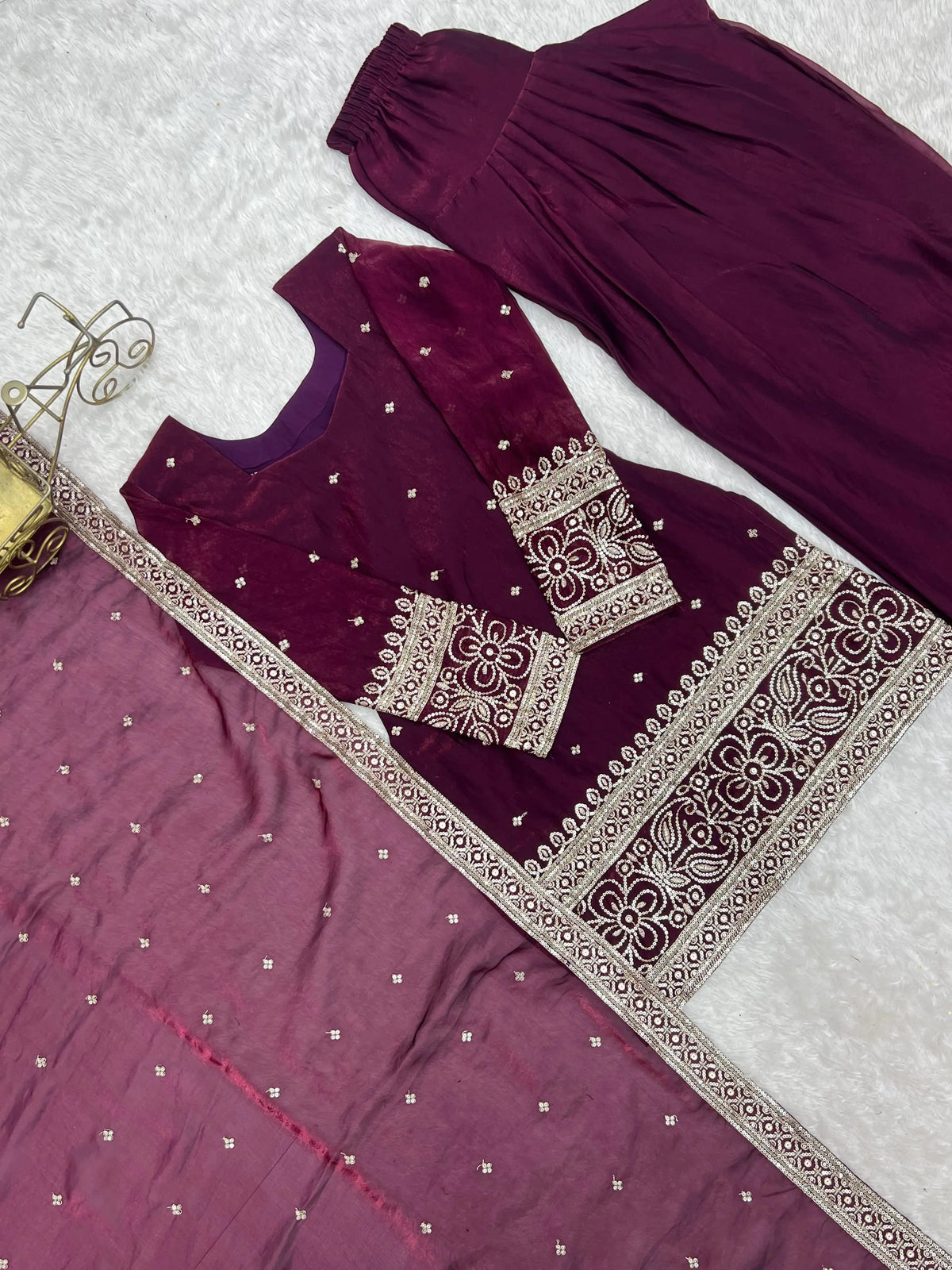 Wine Sequins Embroidered Suit Set Flat Lay – Suit Shalwar and Dupatta